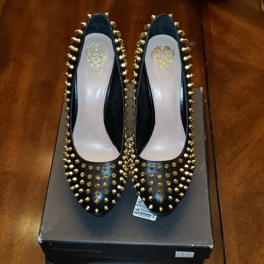 Vince Camuto Black and Gold Studded Platform Heels